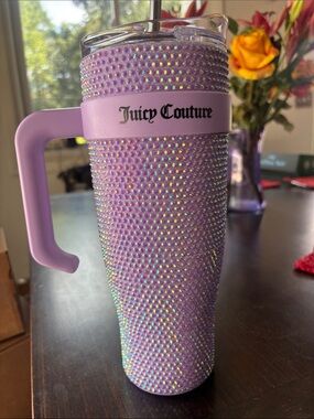 Juicy Couture Lilac Crystal Tumbler with Handle and Straw